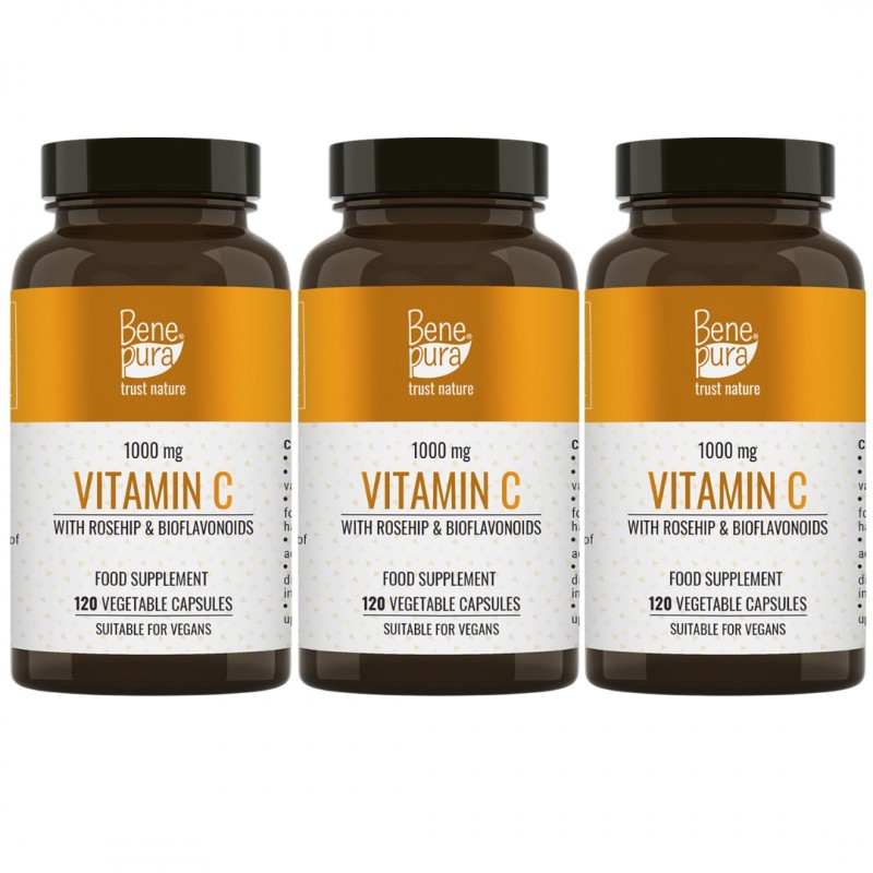 Vitamina C 500 mg con Rosa Mosqueta y Bioflavonoides - 3x120 Cápsulas - Suplementos